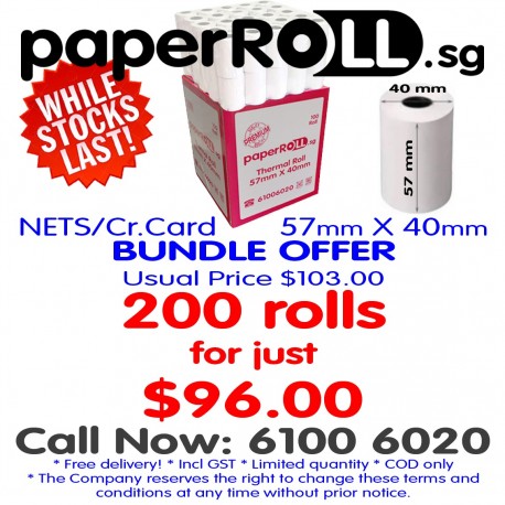 Thermal Receipt Rolls NETS/ Credit Card 57mm x 40mm for 200 rolls.  BUNDLE OFFER! LIMITED PERIOD!