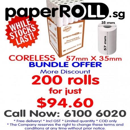 Thermal Receipt Rolls NETS/ Credit Card 57mm x 35mm Coreless for 200 rolls. BUNDLE OFFER! LIMITED PERIOD!